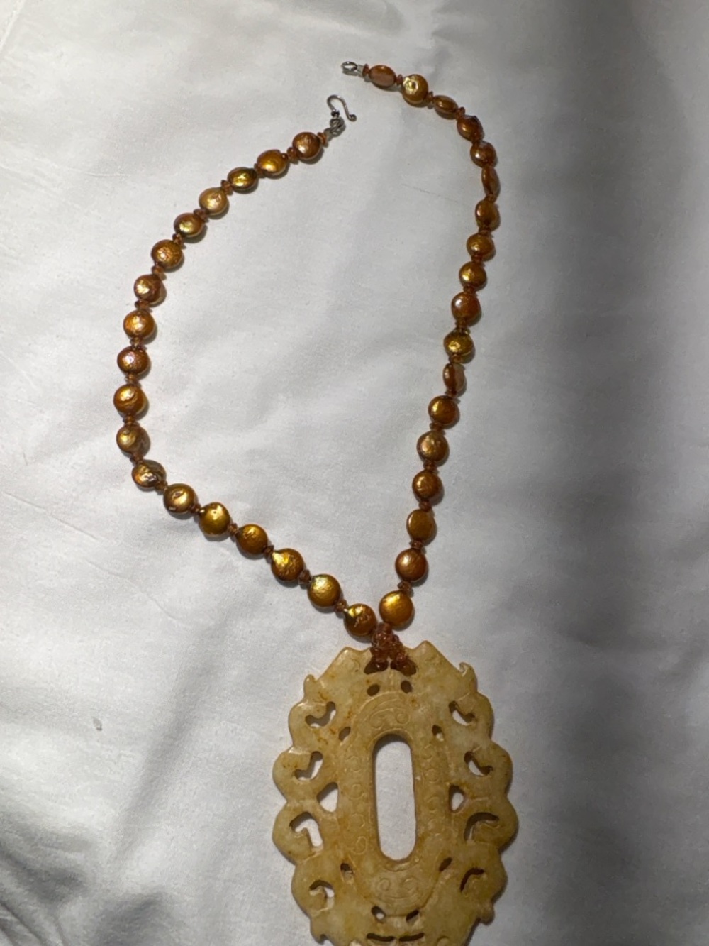 Vintage Carved Jade Style Necklace Brown Stone Openwork Medallion Boho